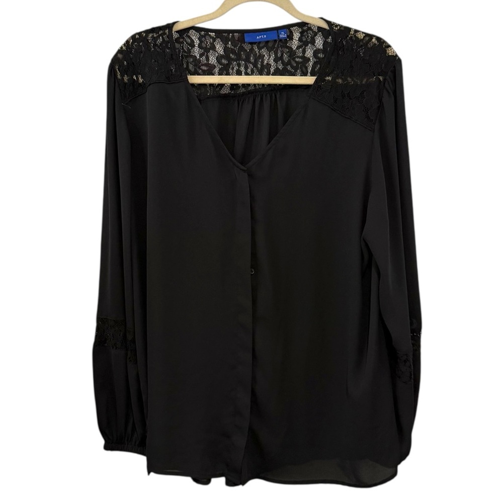 APT. 9 XL Black Lace Inset Blouse V-Neck Button Front Long Sleeve Top